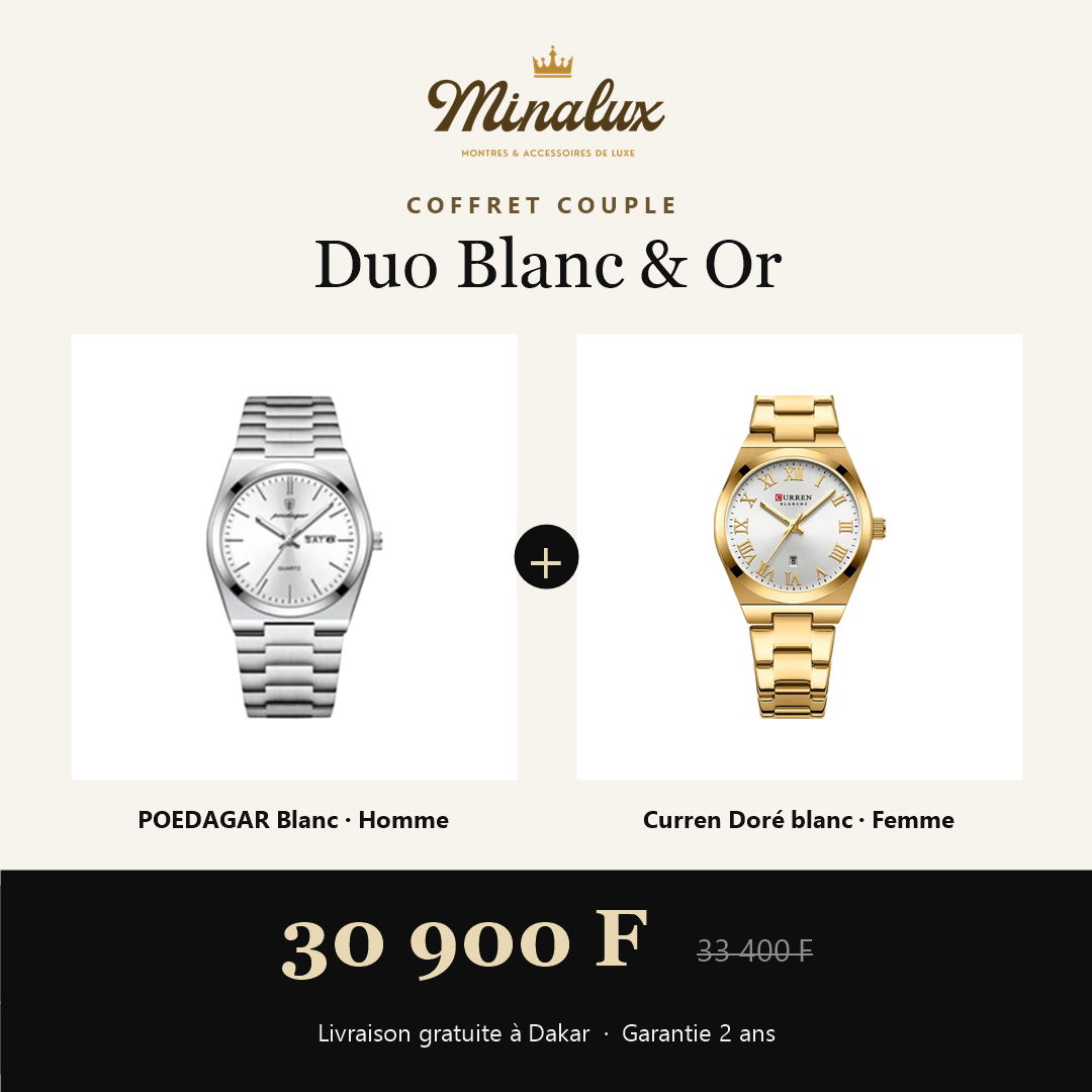 Coffret couple Duo Blanc & Or : POEDAGAR blanc homme et Curren doré blanc femme