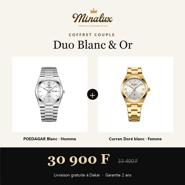 Coffret couple Duo Blanc & Or : POEDAGAR blanc homme et Curren doré blanc femme