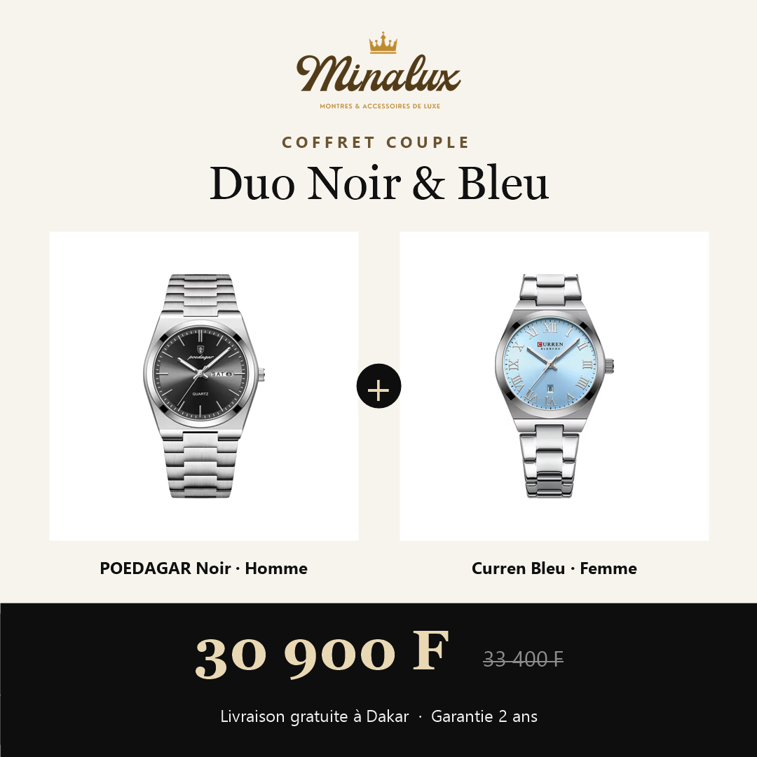Coffret couple Duo Noir & Bleu : POEDAGAR noir homme et Curren bleu femme