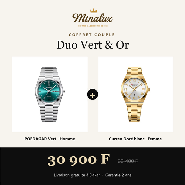 Coffret couple Duo Vert & Or : POEDAGAR vert homme et Curren doré blanc femme